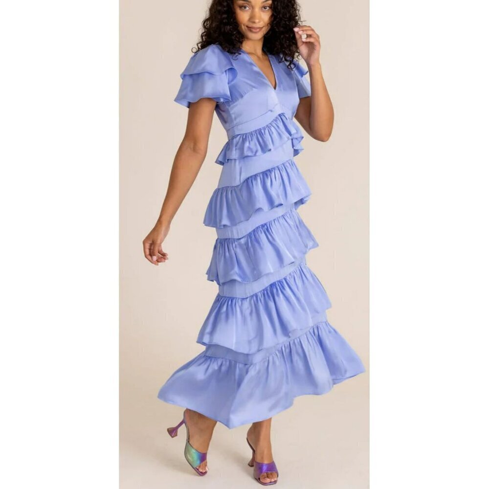 Alden Adair $358 Tiered Ruffle Maxi Periwinkle Maxi Satin Dress Sz XS NWT